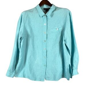 Womens XL Linen Button Down Shirt Aqua Lightweight Office Casual Coastal Top